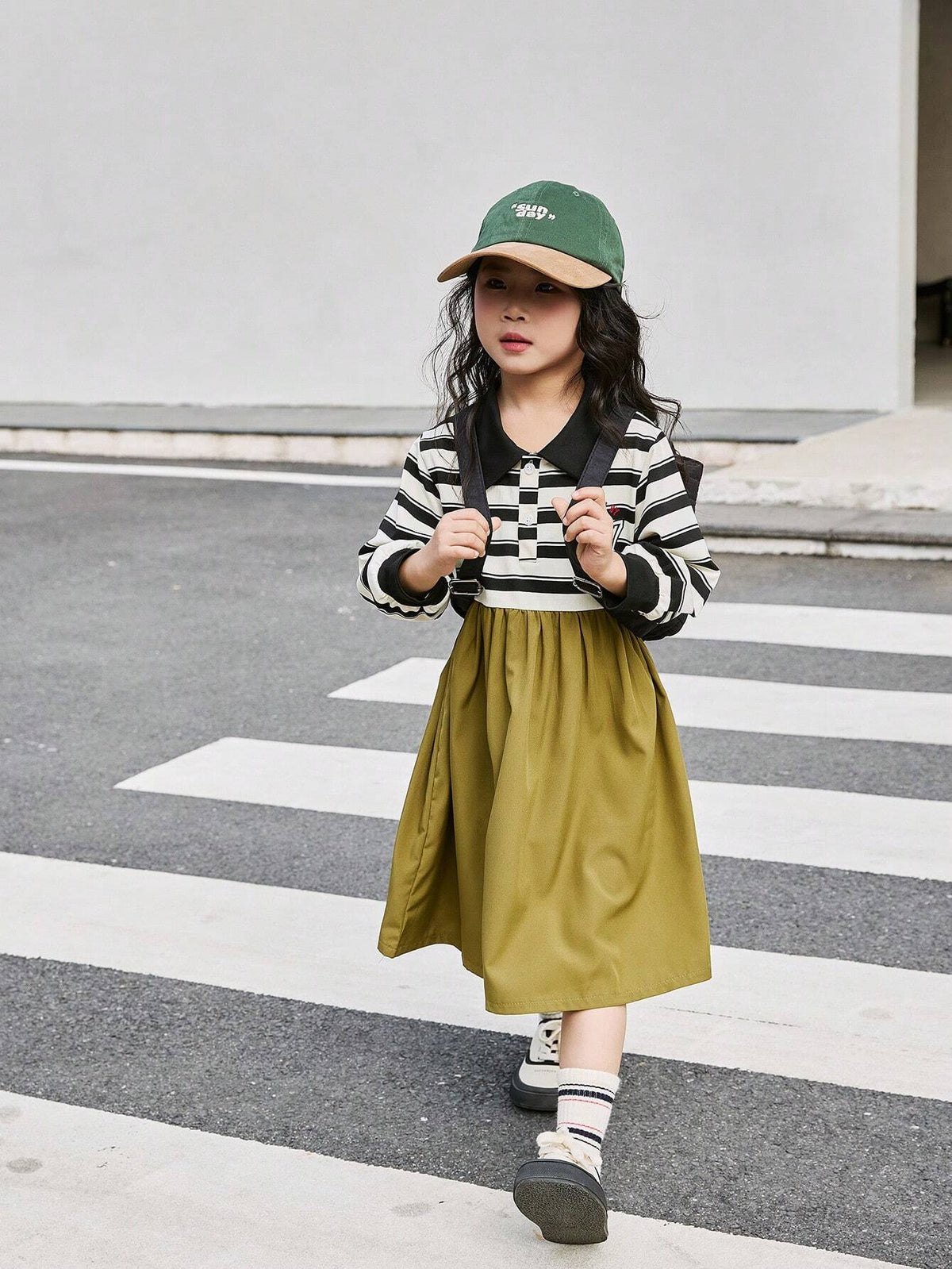 Kids Army Green Striped Knit & Woven Fabric A-Line Loose Korean Fashion Dress