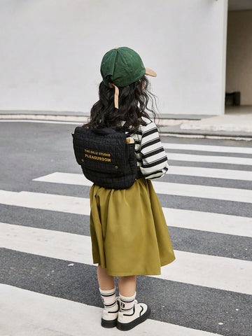 Kids Army Green Striped Knit & Woven Fabric A-Line Loose Korean Fashion Dress