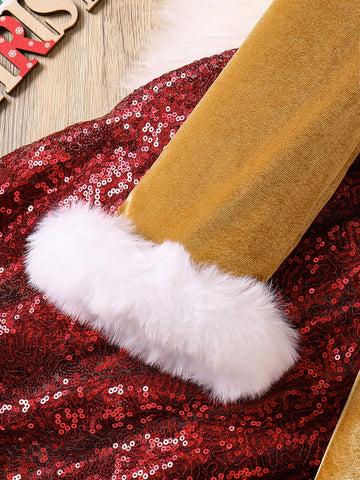 Kids Christmas Young Girl Round Neck Beaded A-Line Fluffy Trim Dress With Bow Decoration