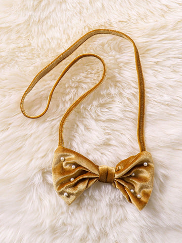 Kids Christmas Young Girl Round Neck Beaded A-Line Fluffy Trim Dress With Bow Decoration