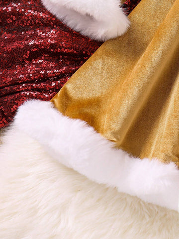 Kids Christmas Young Girl Round Neck Beaded A-Line Fluffy Trim Dress With Bow Decoration