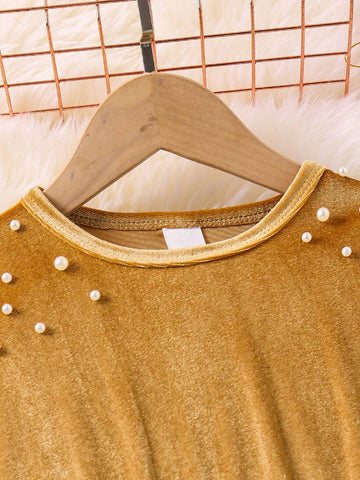 Kids Christmas Young Girl Round Neck Beaded A-Line Fluffy Trim Dress With Bow Decoration