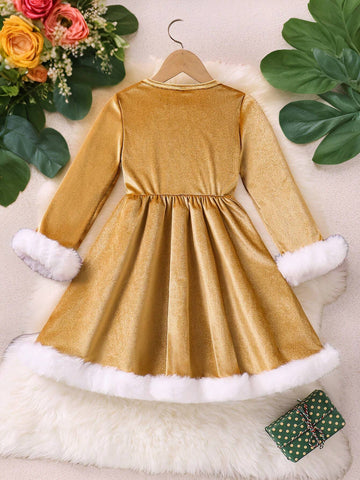 Kids Christmas Young Girl Round Neck Beaded A-Line Fluffy Trim Dress With Bow Decoration