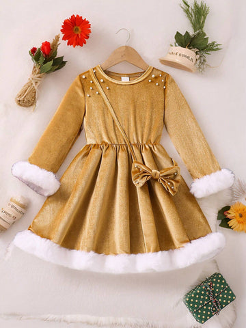 Kids Christmas Young Girl Round Neck Beaded A-Line Fluffy Trim Dress With Bow Decoration