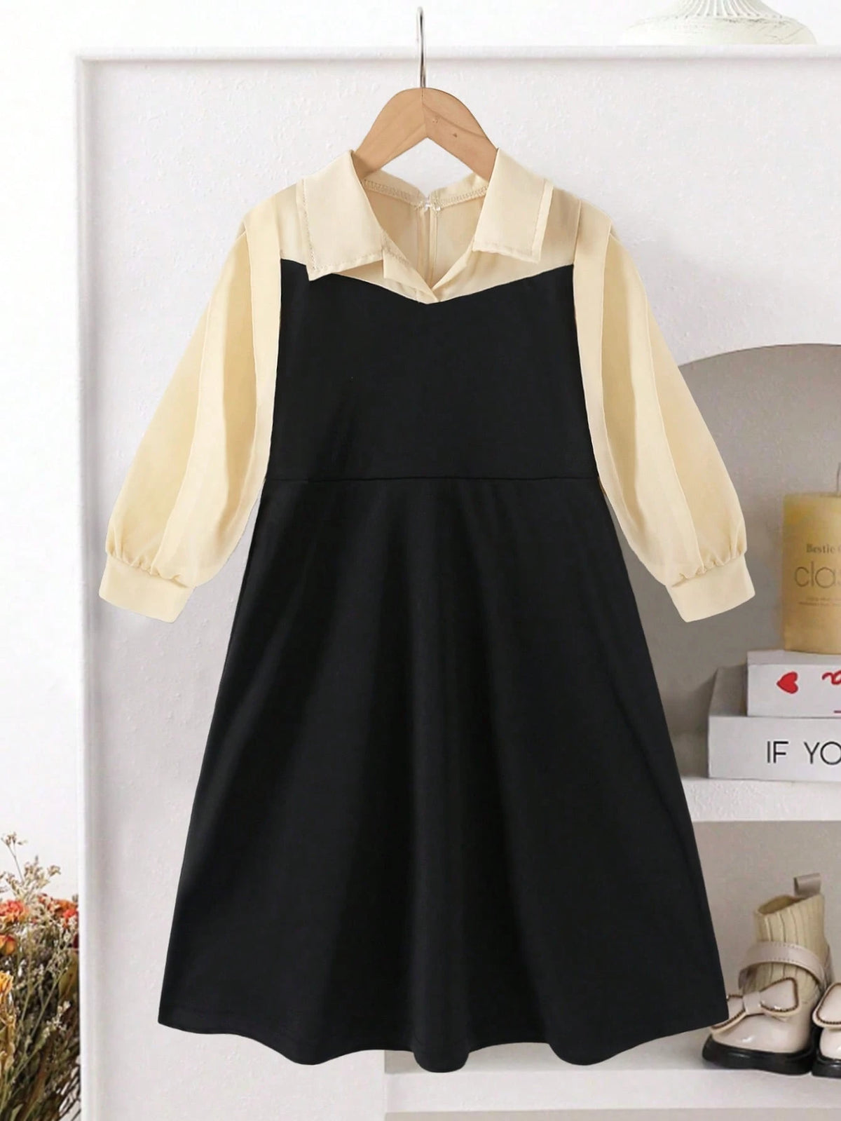 Kids Elegant Modest Fashion Girls Long Sleeve A-Line Mid-Calf Dress With Collar, Solid Color For Autumn