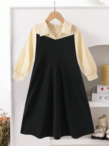 Kids Elegant Modest Fashion Girls Long Sleeve A-Line Mid-Calf Dress With Collar, Solid Color For Autumn
