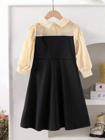 Kids Elegant Modest Fashion Girls Long Sleeve A-Line Mid-Calf Dress With Collar, Solid Color For Autumn