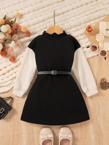 Girls A-Line Long Sleeve Turtleneck Dress, Jacquard Fabric With Belt, Simple & Elegant, Autumn/Winter