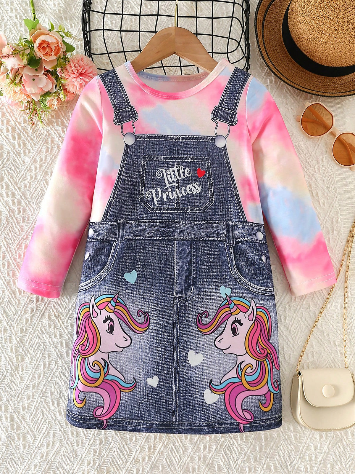 Kids Girls Cartoon Pegasus Print Dress, Cute & Fashionable, Breathable & Soft, Loose & Casual, Suitable For Autumn & Winter