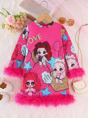 Girls Cartoon Print Patchwork Fleece Dress, Fashion, Breathable, Moisture-Wicking, Soft And Comfortable, Casual