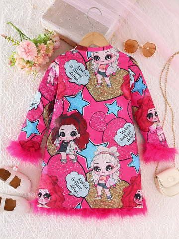 Girls Cartoon Print Patchwork Fleece Dress, Fashion, Breathable, Moisture-Wicking, Soft And Comfortable, Casual