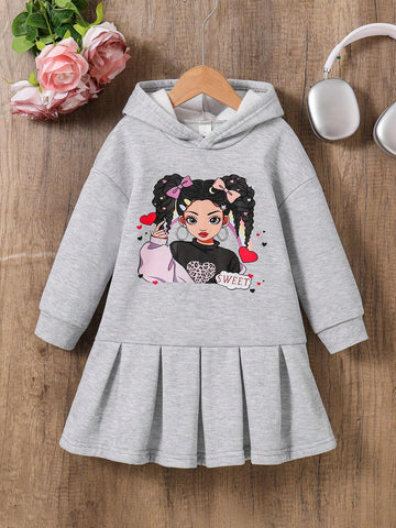 Girls Casual Fashion Girl Print Hooded Thick Sweatshirt Pleated Dress, The Print Pattern Adds Style And Fun To The Dress