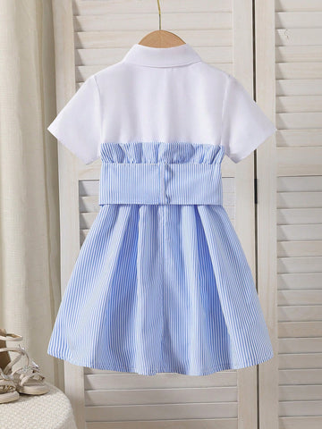 Kids Girls Commuter Style Elegant Collared Short Sleeve Cinched Waist A-Line Dress, Casual Summer