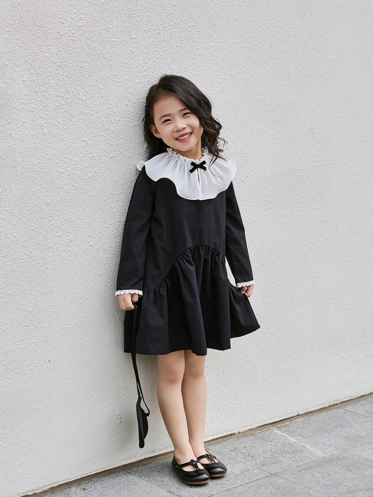 Kids Girl's Pleated Floral Collar Princess Style Puff Dress