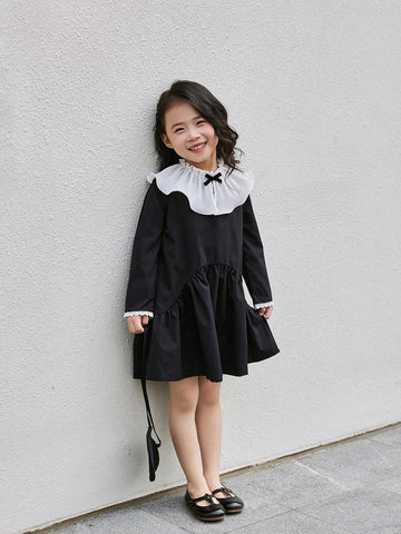 Kids Girl's Pleated Floral Collar Princess Style Puff Dress
