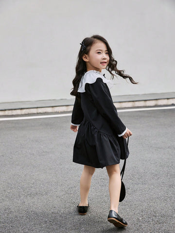 Kids Girl's Pleated Floral Collar Princess Style Puff Dress