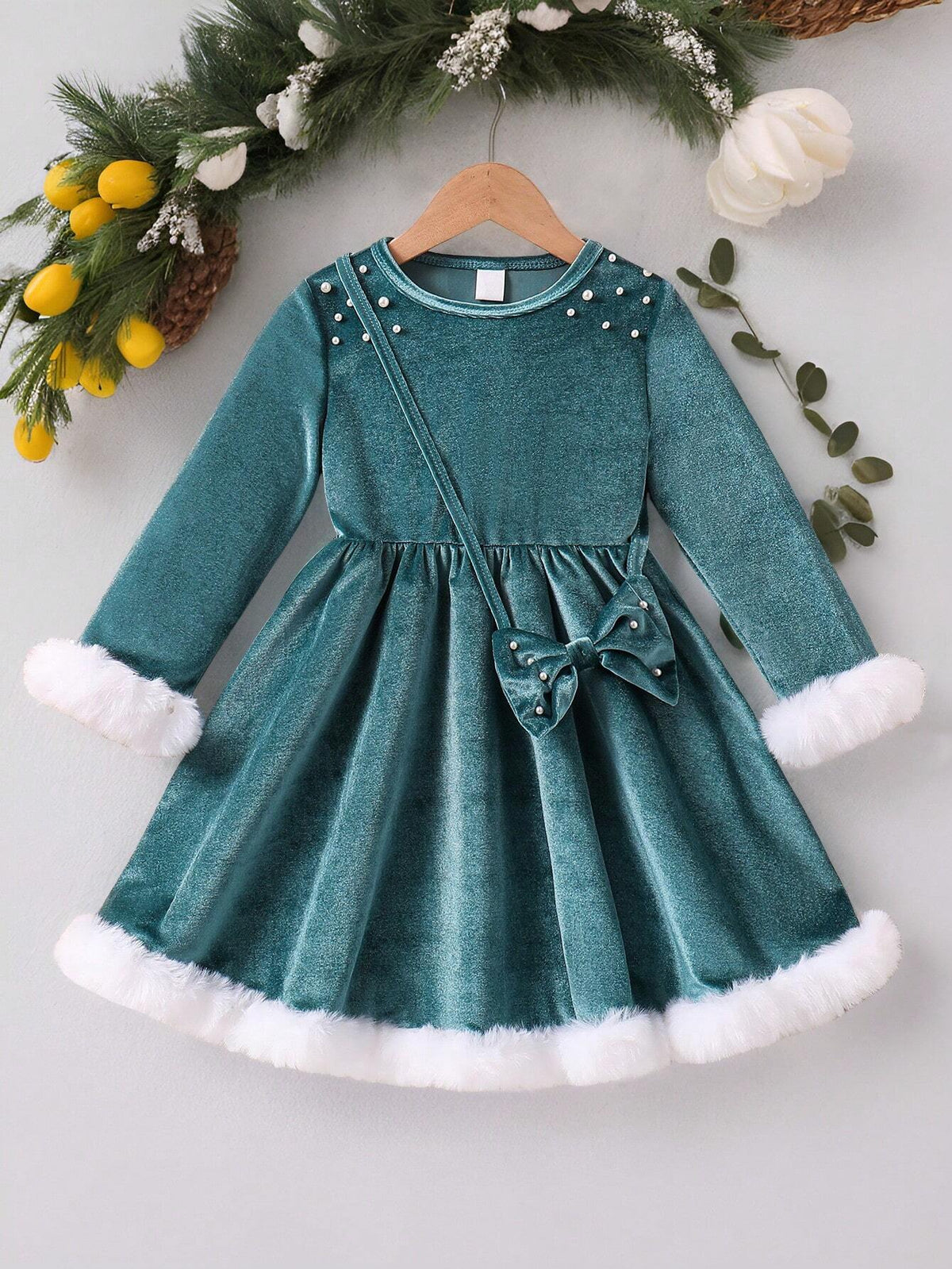 Kids Girl's Sequin Jeweled & Fuzzy Trim Round Neck A-Line Christmas Dress With Bow Decor Accessory