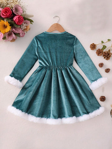 Kids Girl's Sequin Jeweled & Fuzzy Trim Round Neck A-Line Christmas Dress With Bow Decor Accessory