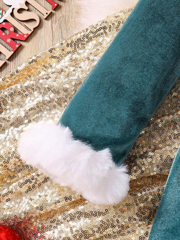 Kids Girl's Sequin Jeweled & Fuzzy Trim Round Neck A-Line Christmas Dress With Bow Decor Accessory