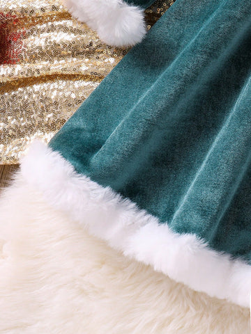 Kids Girl's Sequin Jeweled & Fuzzy Trim Round Neck A-Line Christmas Dress With Bow Decor Accessory