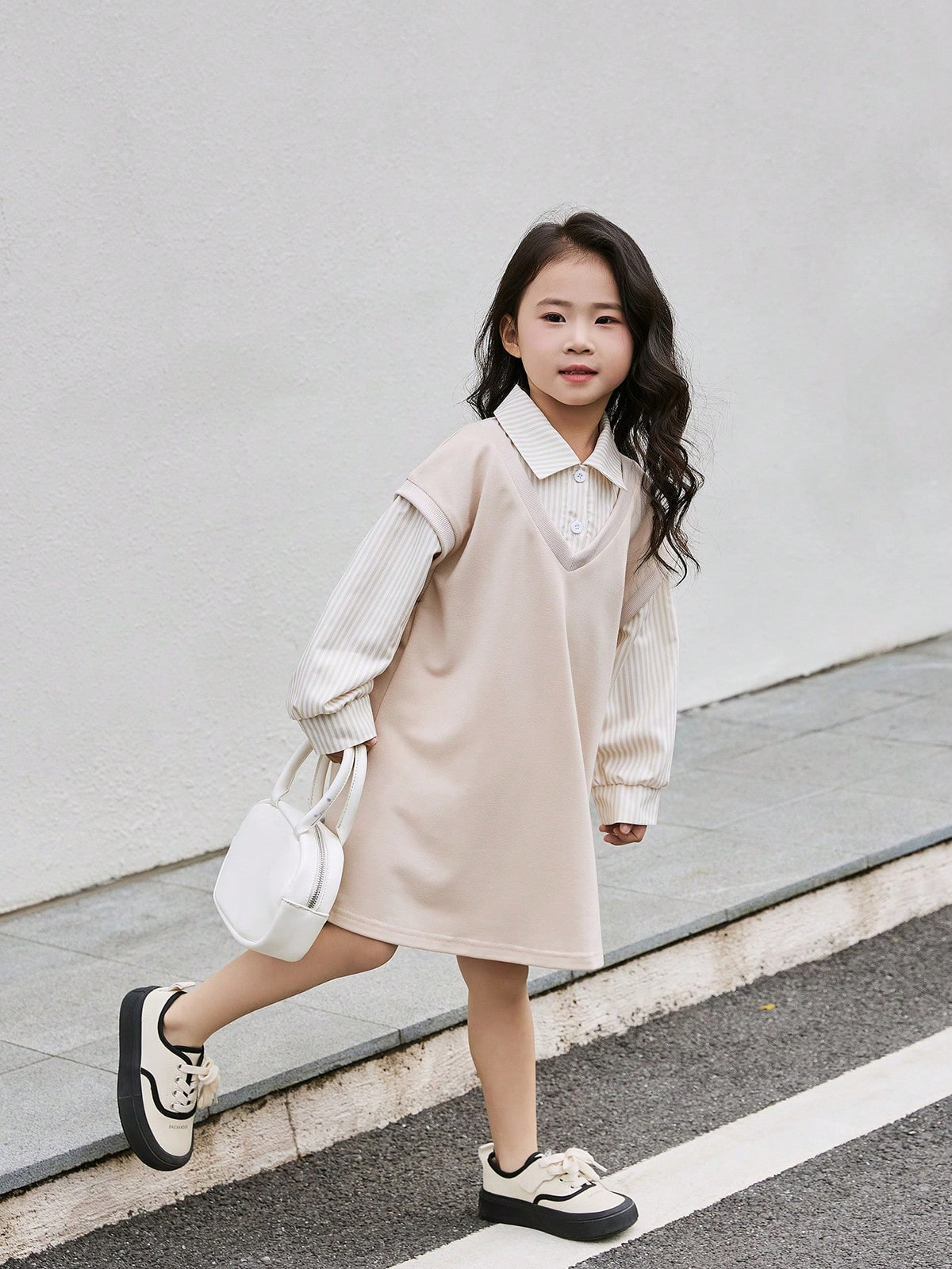 Kids Girls Spring & Autumn New Japanese Striped Collar Patchwork Sweatshirt Dress