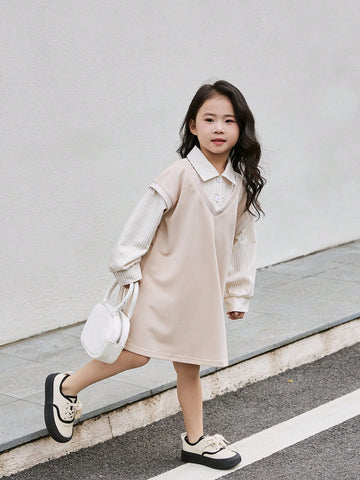 Kids Girls Spring & Autumn New Japanese Striped Collar Patchwork Sweatshirt Dress