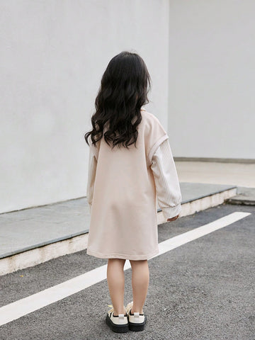 Kids Girls Spring & Autumn New Japanese Striped Collar Patchwork Sweatshirt Dress