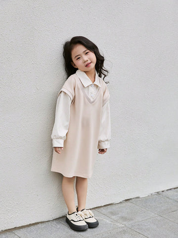 Kids Girls Spring & Autumn New Japanese Striped Collar Patchwork Sweatshirt Dress