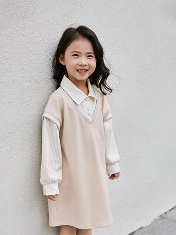 Kids Girls Spring & Autumn New Japanese Striped Collar Patchwork Sweatshirt Dress