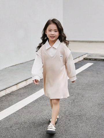 Kids Girls Spring & Autumn New Japanese Striped Collar Patchwork Sweatshirt Dress