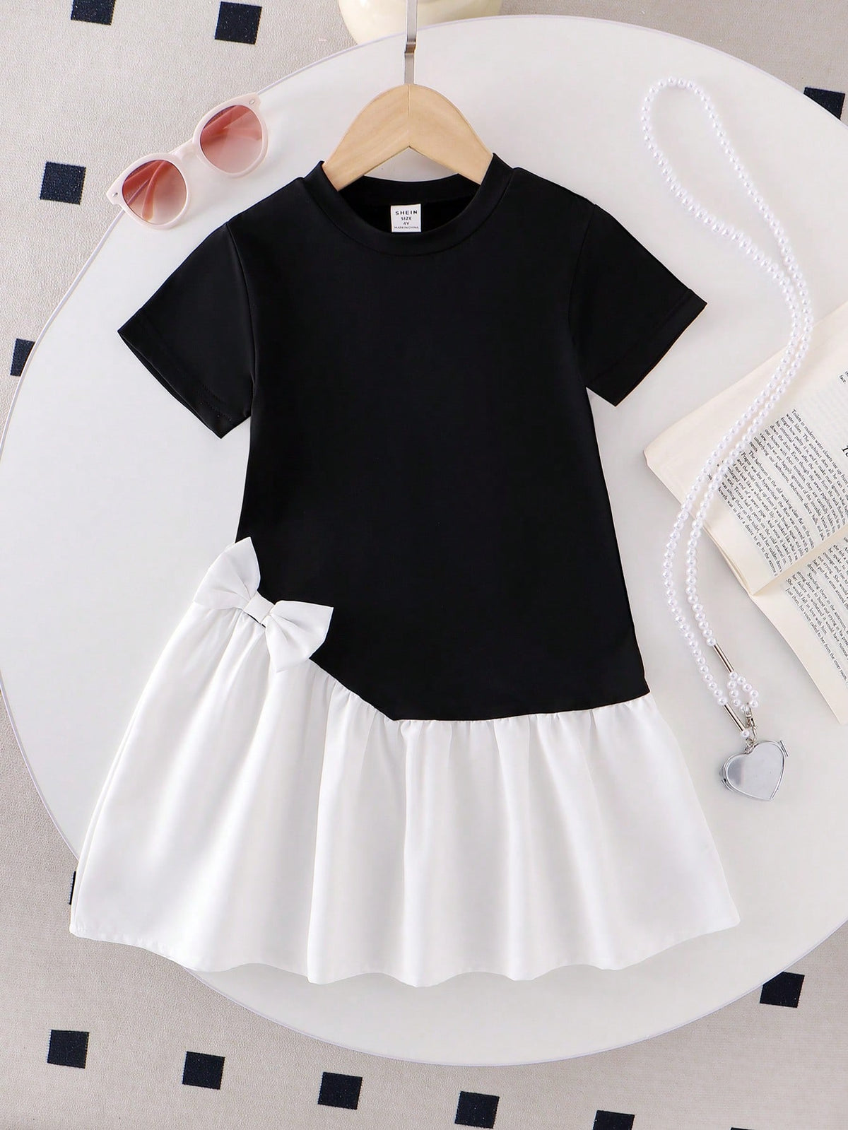 Little Girls' Blue Round Neck Short Sleeve Patchwork Casual Dress With Cute Bow Decor, School Style