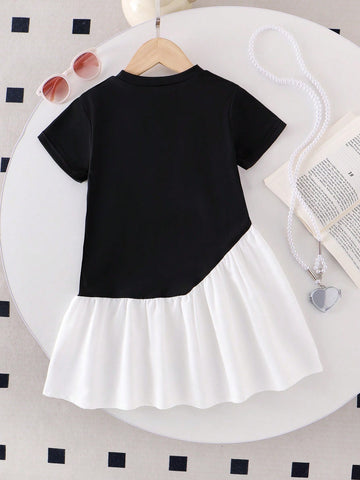 Little Girls' Blue Round Neck Short Sleeve Patchwork Casual Dress With Cute Bow Decor, School Style