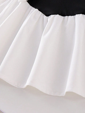 Little Girls' Blue Round Neck Short Sleeve Patchwork Casual Dress With Cute Bow Decor, School Style