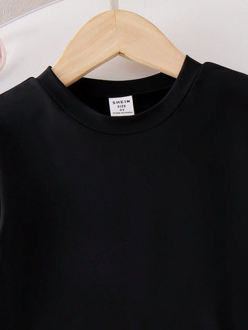 Little Girls' Blue Round Neck Short Sleeve Patchwork Casual Dress With Cute Bow Decor, School Style