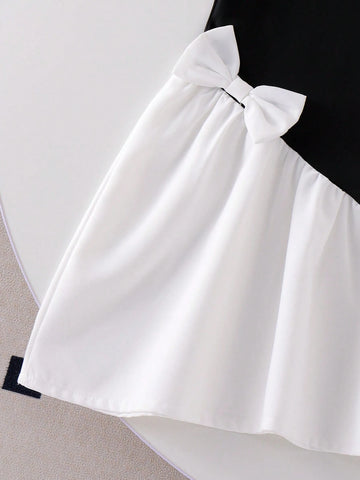 Little Girls' Blue Round Neck Short Sleeve Patchwork Casual Dress With Cute Bow Decor, School Style