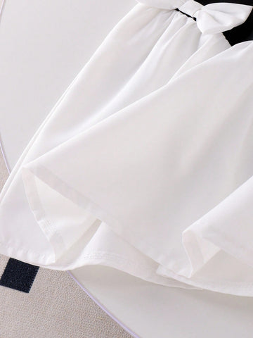 Little Girls' Blue Round Neck Short Sleeve Patchwork Casual Dress With Cute Bow Decor, School Style