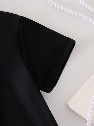 Little Girls' Blue Round Neck Short Sleeve Patchwork Casual Dress With Cute Bow Decor, School Style