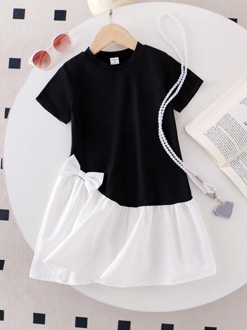 Little Girls' Blue Round Neck Short Sleeve Patchwork Casual Dress With Cute Bow Decor, School Style