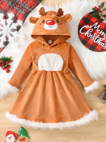 Kids Toddler Girls' Cute Deer Embroidery Contrast Color Fleece Hooded Long Sleeve Dress, Autumn Winter New Arrival