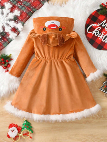 Kids Toddler Girls' Cute Deer Embroidery Contrast Color Fleece Hooded Long Sleeve Dress, Autumn Winter New Arrival