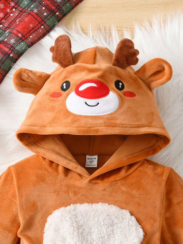 Kids Toddler Girls' Cute Deer Embroidery Contrast Color Fleece Hooded Long Sleeve Dress, Autumn Winter New Arrival