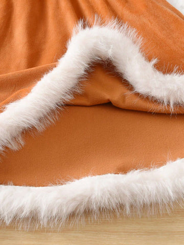 Kids Toddler Girls' Cute Deer Embroidery Contrast Color Fleece Hooded Long Sleeve Dress, Autumn Winter New Arrival