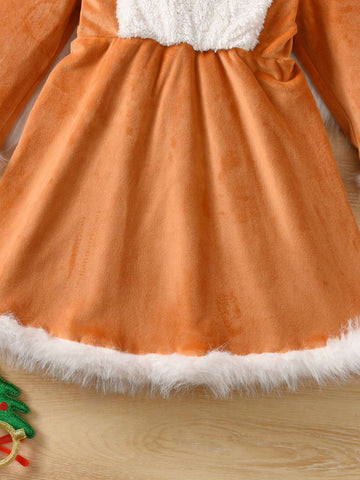 Kids Toddler Girls' Cute Deer Embroidery Contrast Color Fleece Hooded Long Sleeve Dress, Autumn Winter New Arrival