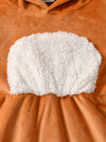 Kids Toddler Girls' Cute Deer Embroidery Contrast Color Fleece Hooded Long Sleeve Dress, Autumn Winter New Arrival