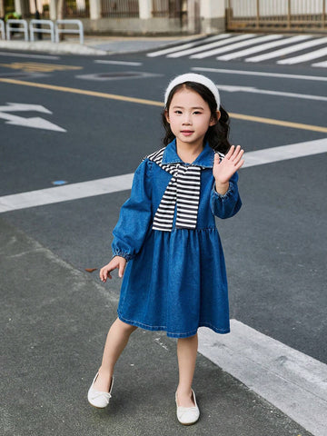 Young Girl Blue Autumn/Winter Long Sleeve Dress With Sailor Striped Shawl, Comfortable Fashion Buttoned Dress