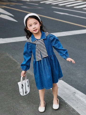 Young Girl Blue Autumn/Winter Long Sleeve Dress With Sailor Striped Shawl, Comfortable Fashion Buttoned Dress