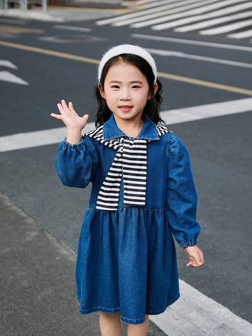 Young Girl Blue Autumn/Winter Long Sleeve Dress With Sailor Striped Shawl, Comfortable Fashion Buttoned Dress