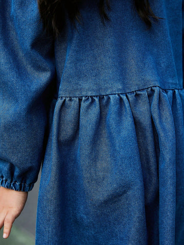 Young Girl Blue Autumn/Winter Long Sleeve Dress With Sailor Striped Shawl, Comfortable Fashion Buttoned Dress