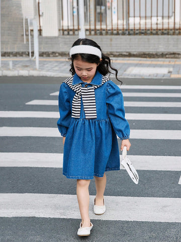 Young Girl Blue Autumn/Winter Long Sleeve Dress With Sailor Striped Shawl, Comfortable Fashion Buttoned Dress