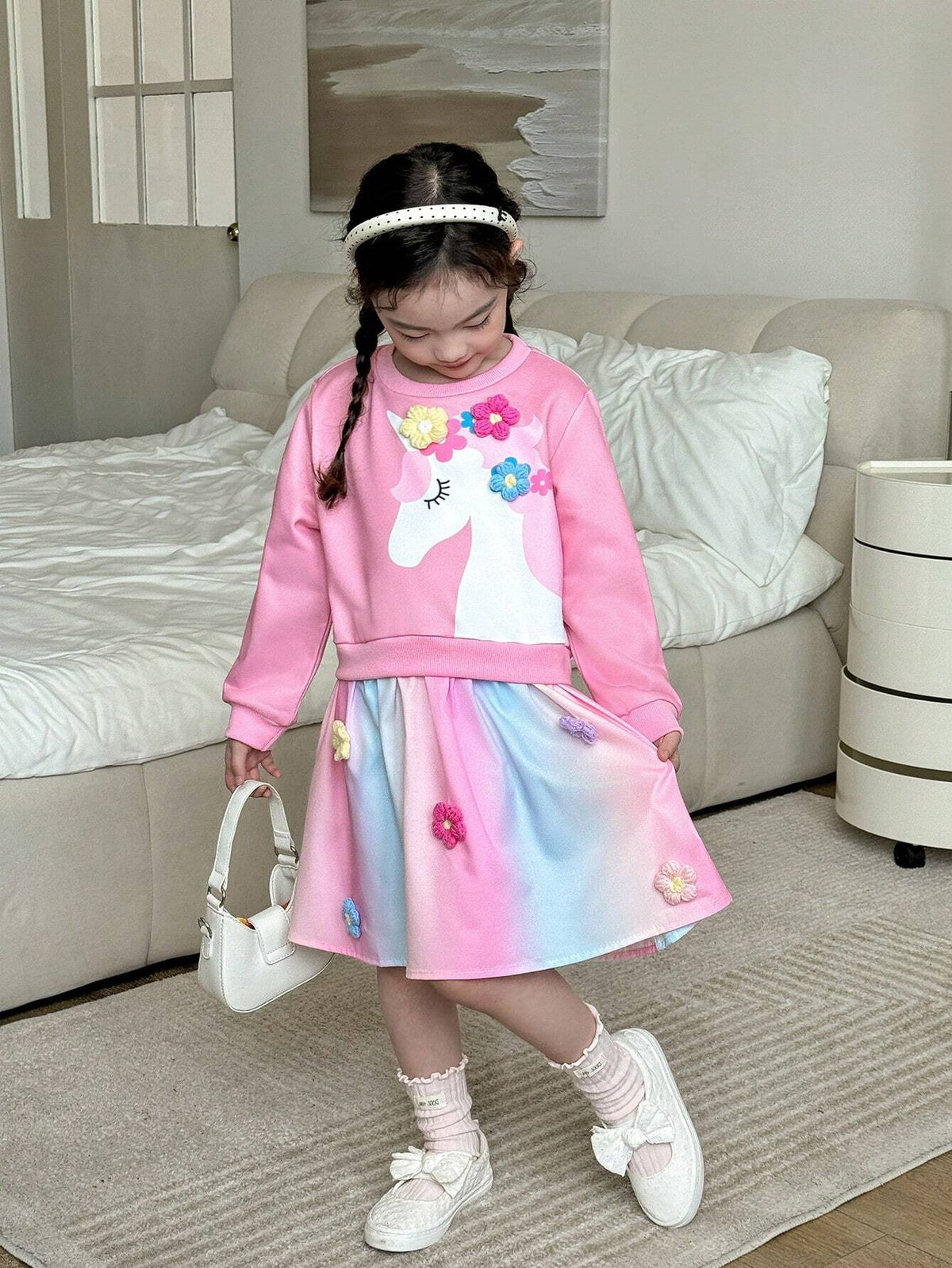 Kids Young Girl Casual 3D Floral & Unicorn Print Mesh Patchwork Dress, Autumn